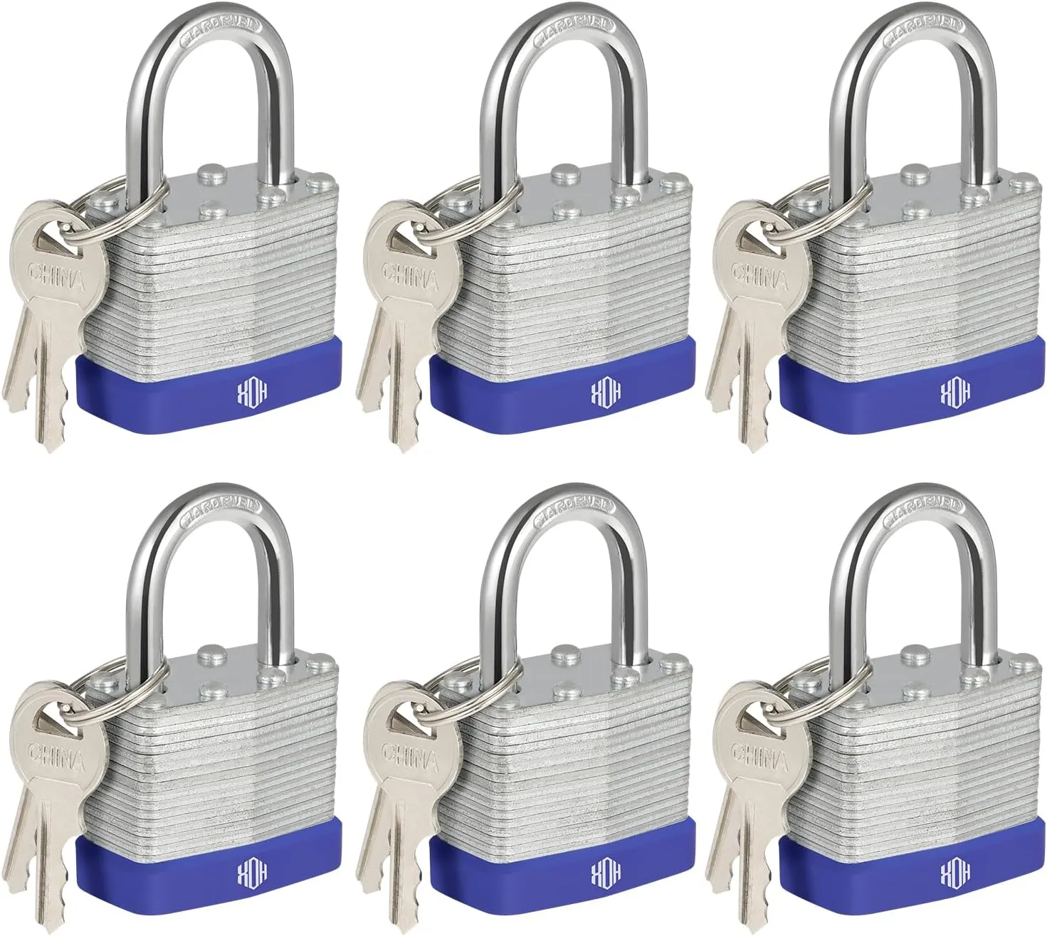 HOX Locks 6-Pack Keyed-Alike Padlocks w/ 1.2” Shackle, 1-9/16” Wide Body, Hardened Steel Case Shackle Padlock, Brass Cylinder - for Hasp Latch, Sheds, Fences, Storage Locker
