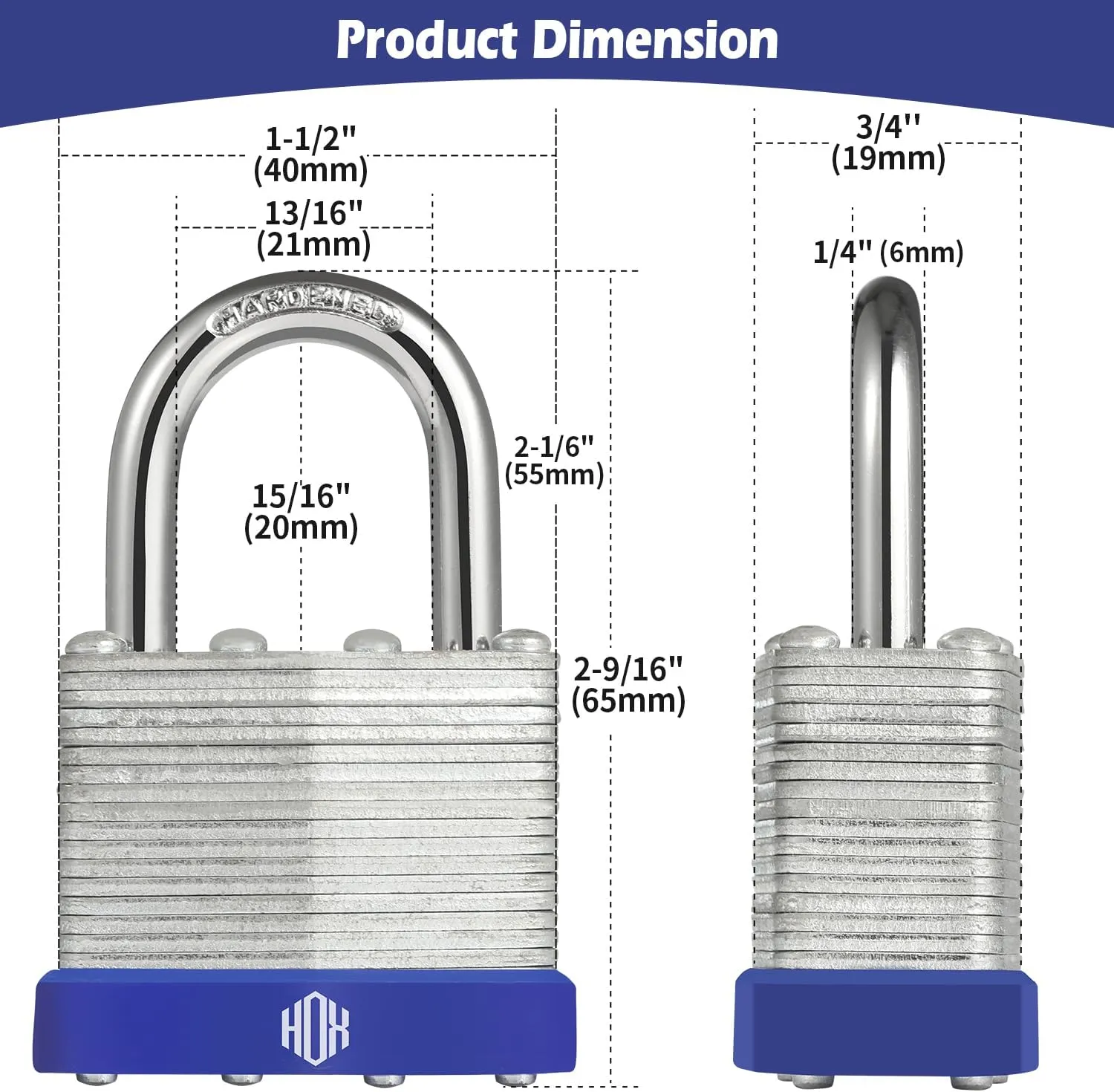 HOX Locks 6-Pack Keyed-Alike Padlocks w/ 1.2” Shackle, 1-9/16” Wide Body, Hardened Steel Case Shackle Padlock, Brass Cylinder - for Hasp Latch, Sheds, Fences, Storage Locker
