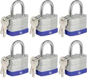 HOX Locks 6-Pack Keyed-Alike Padlocks w/ 1.2” Shackle, 1-9/16” Wide Body, Hardened Steel Case Shackle Padlock, Brass Cylinder - for Hasp Latch, Sheds, Fences, Storage Locker