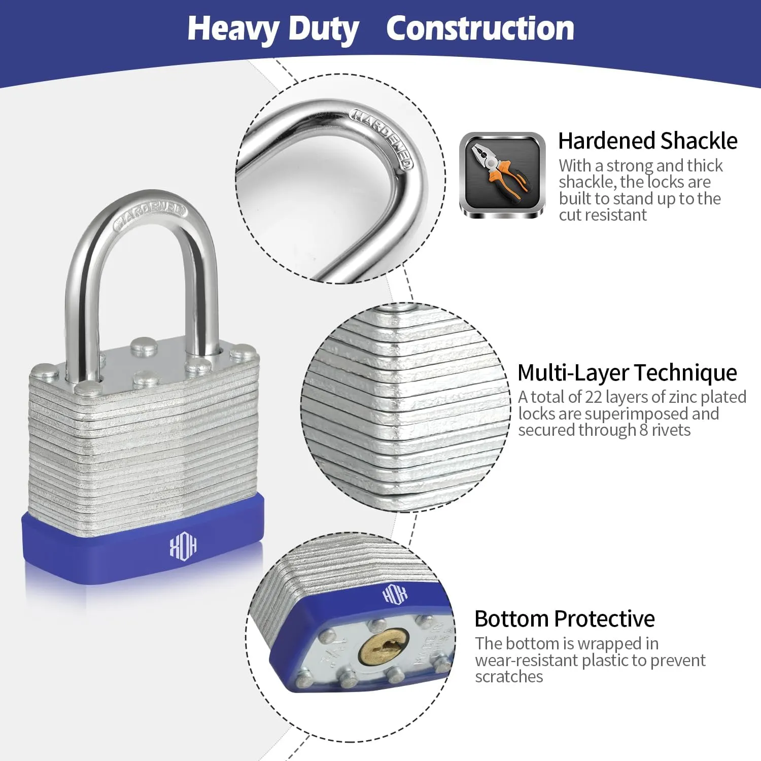 HOX Locks 6-Pack Keyed-Alike Padlocks w/ 1.2” Shackle, 1-9/16” Wide Body, Hardened Steel Case Shackle Padlock, Brass Cylinder - for Hasp Latch, Sheds, Fences, Storage Locker