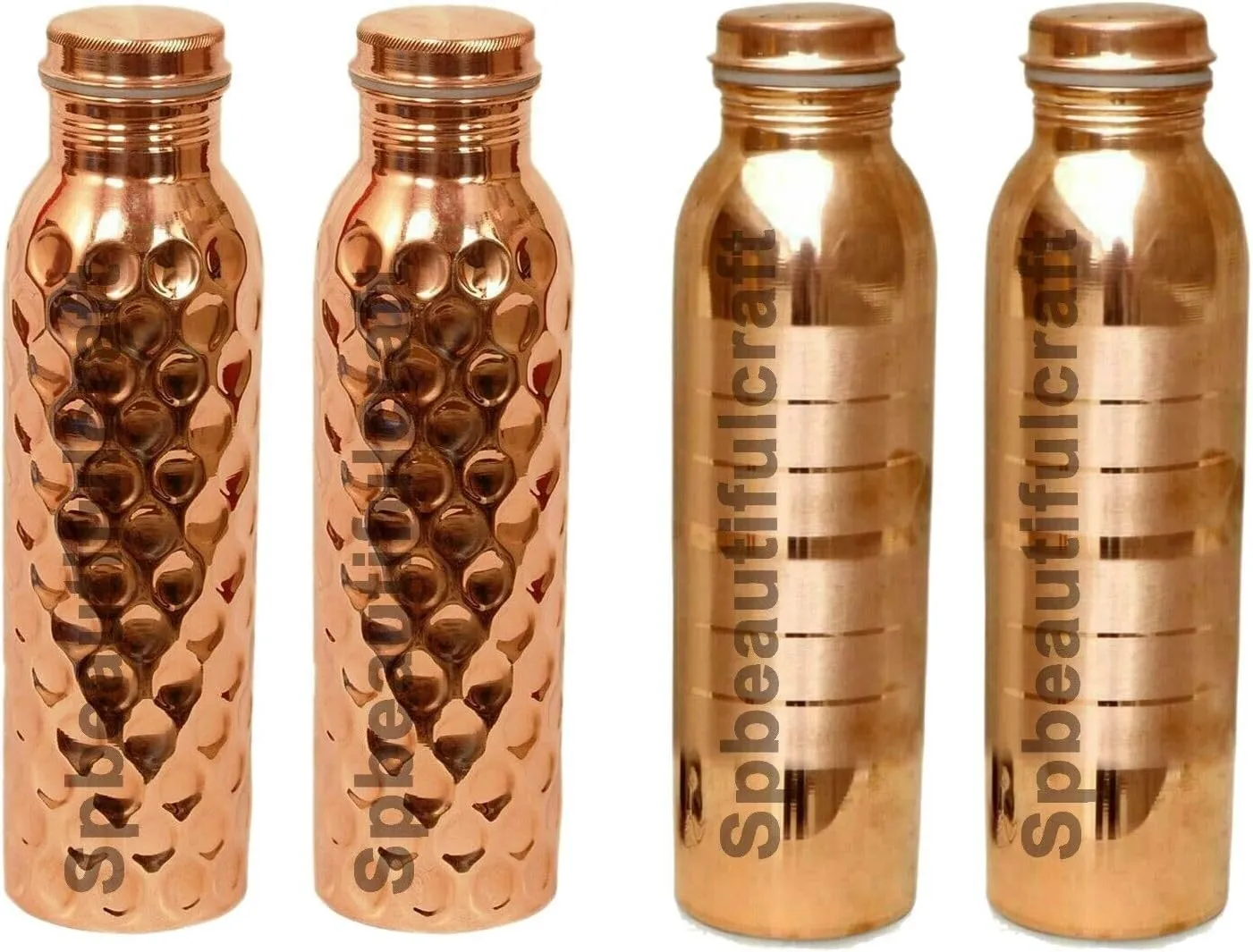 HRS India Pure Copper Water Bottle 2 Diamond cut 2 Silver touch Combo Water Drinking Vacuum Flasks Pitcher Tumbler Ayurveda Health Benefits, Set Of 4