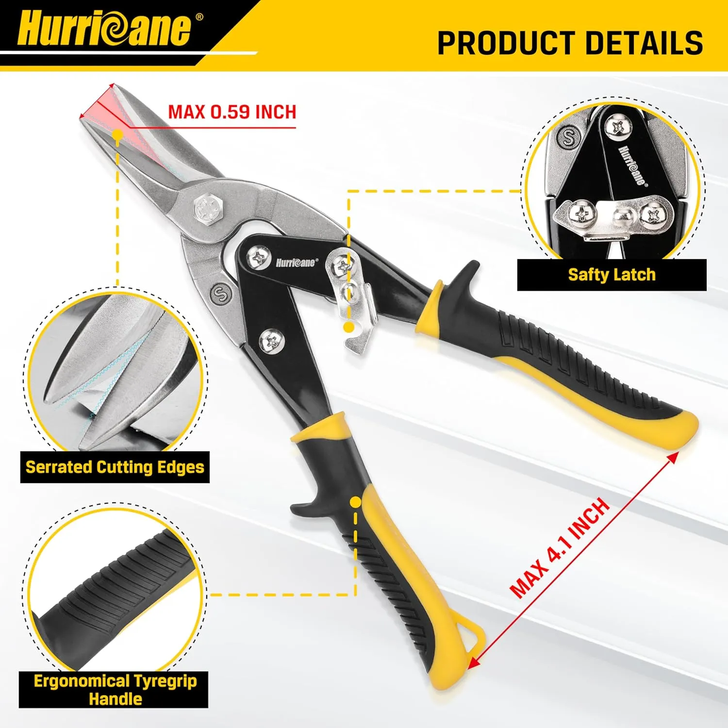 HURRICANE 3 pc Aviation Tin Snips Set, Metal Cutter Shear for Cut Sheet Metal, Chrome Vanadium Steel, Straight Left and Right, Ergonomical TyreGrip Handle with Hang Hole and Safety Latch