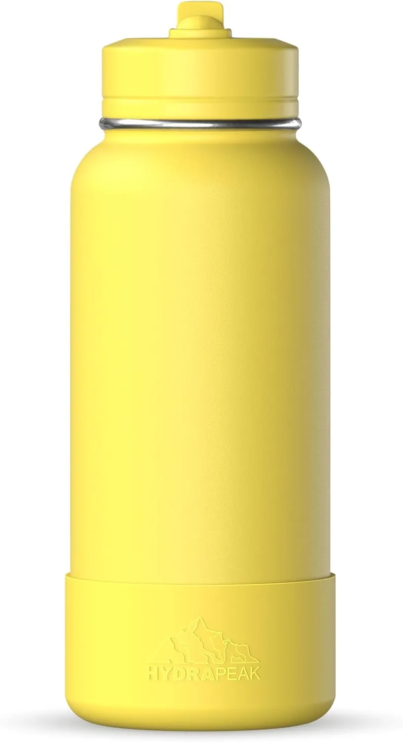 Hydrapeak 32oz Sport Insulated Water Bottle with Straw or Chug Lid, Leak & Spill Proof, Keeps Drinks Cold for 24 Hours, Hot for 12 Hours, Premium Stainless Steel Water Bottles (32oz, Lemon)