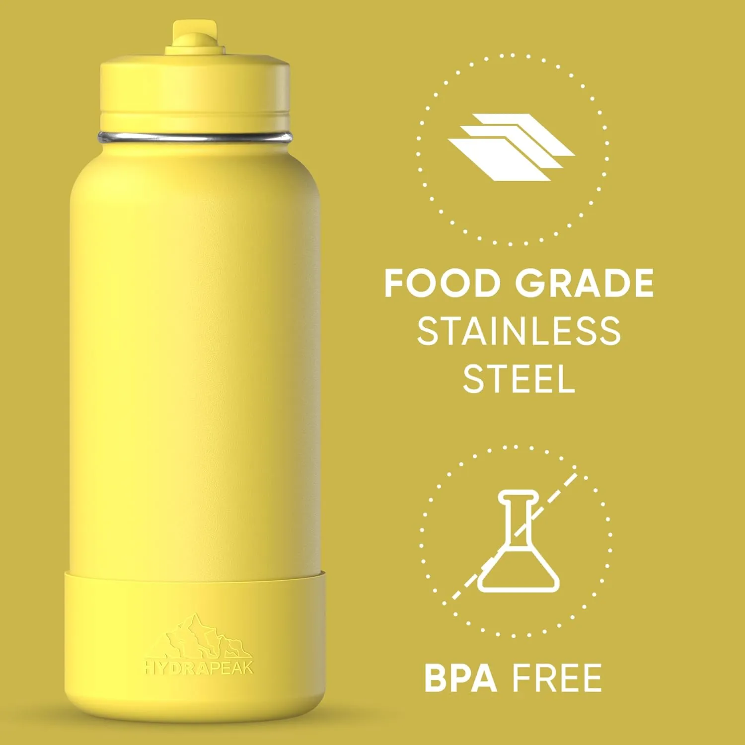 Hydrapeak 32oz Sport Insulated Water Bottle with Straw or Chug Lid, Leak & Spill Proof, Keeps Drinks Cold for 24 Hours, Hot for 12 Hours, Premium Stainless Steel Water Bottles (32oz, Lemon)