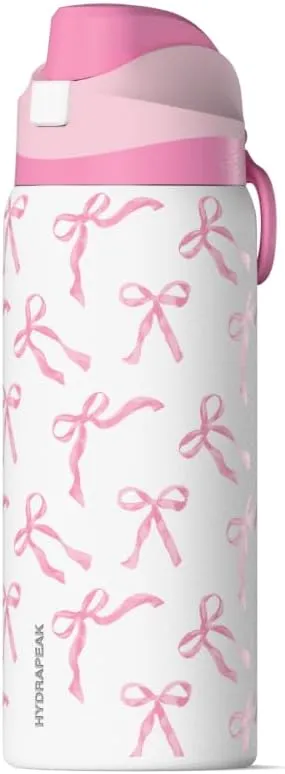 Hydrapeak Oasis 32 oz Fun Sticker Print Water Bottle with Chug Lid, Stainless Steel Insulated Water Bottle For Men and Women, Pink Bows