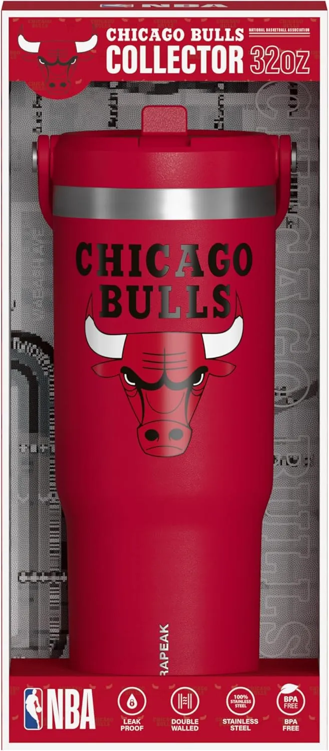 Hydrapeak x NBA Officially Licensed Chicago Bulls 32oz Nomad Stainless Steel Tumbler with Handle and Straw Lid, Leakproof Water Bottle in Limited Edition Collector's Gift Box