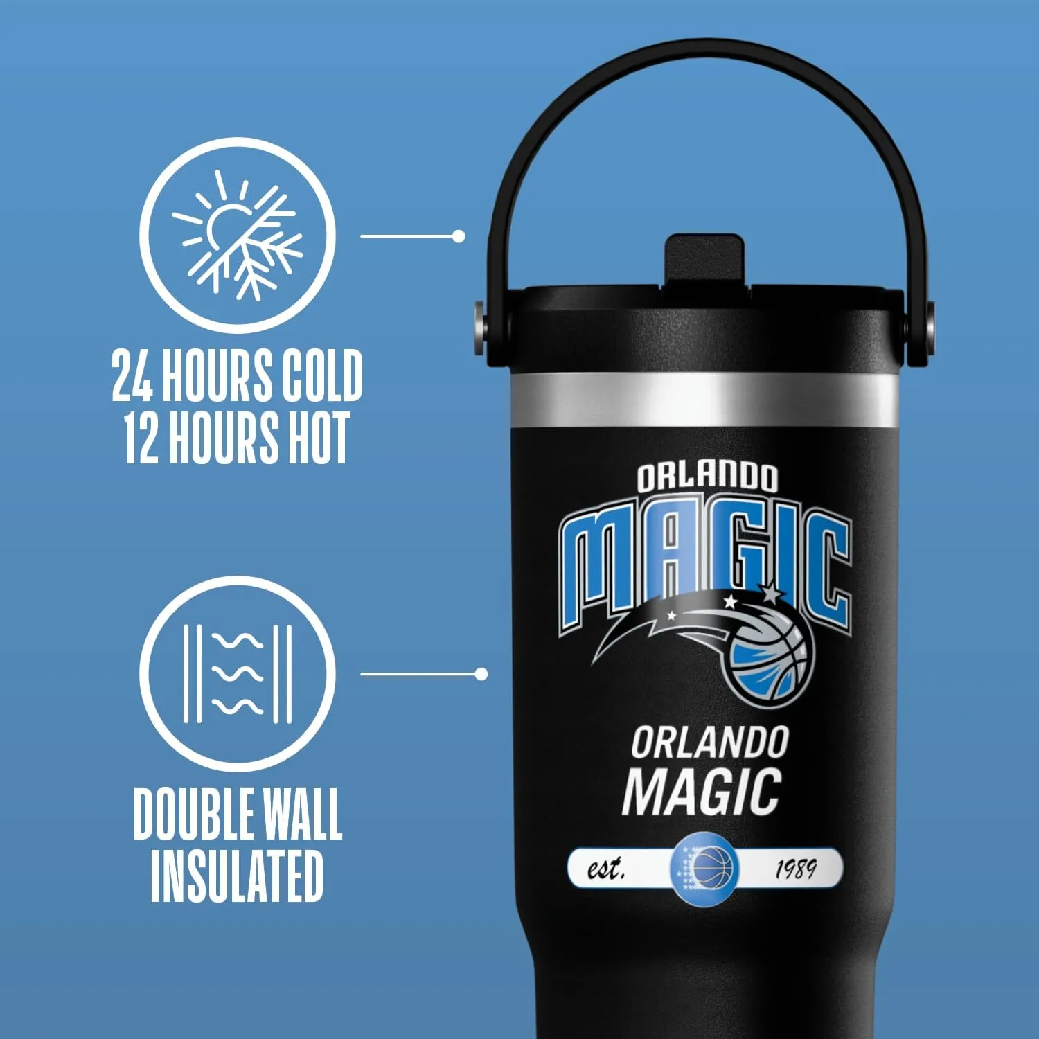 Hydrapeak x NBA Officially Licensed Orlando Magic 32 oz Nomad Tumbler with Handle and Straw Lid, Leakproof Stainless Steel Water Bottle