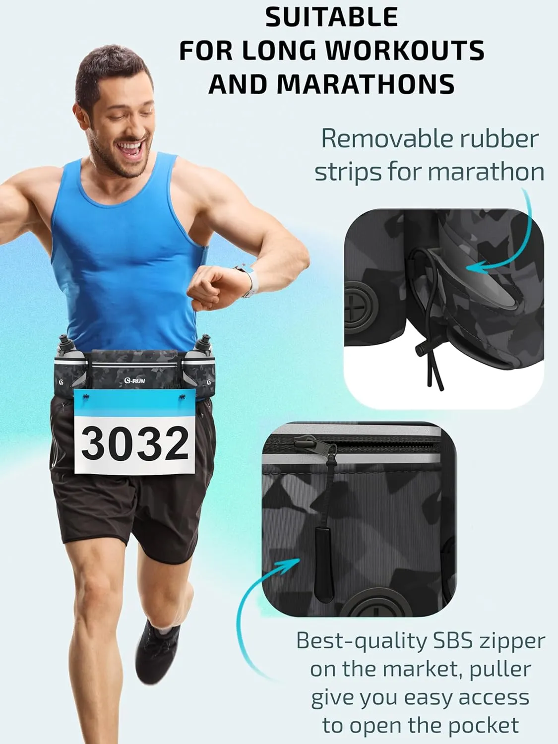 Hydration Running Belt with 2x10oz Bottles - Water Belts for Woman and Men - iPhone Belt for Any Phone Size - Fuel Marathon Waist Pouch for Runners - Jogging Cycling Biking