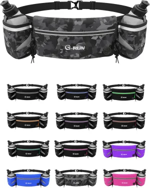 Hydration Running Belt with 2x10oz Bottles - Water Belts for Woman and Men - iPhone Belt for Any Phone Size - Fuel Marathon Waist Pouch for Runners - Jogging Cycling Biking