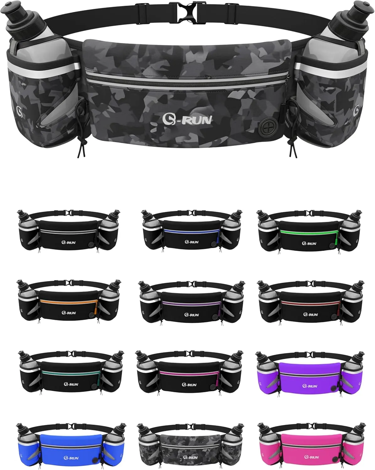 Hydration Running Belt with 2x10oz Bottles - Water Belts for Woman and Men - iPhone Belt for Any Phone Size - Fuel Marathon Waist Pouch for Runners - Jogging Cycling Biking