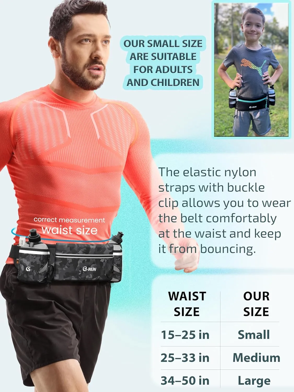 Hydration Running Belt with 2x10oz Bottles - Water Belts for Woman and Men - iPhone Belt for Any Phone Size - Fuel Marathon Waist Pouch for Runners - Jogging Cycling Biking