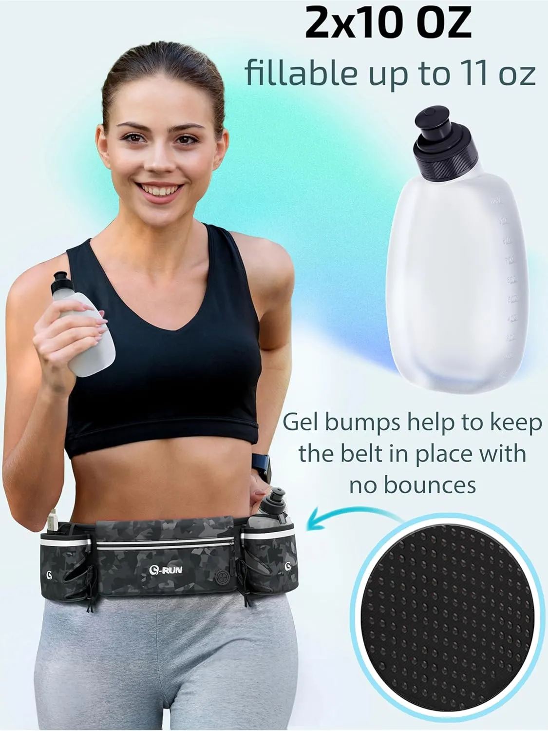 Hydration Running Belt with 2x10oz Bottles - Water Belts for Woman and Men - iPhone Belt for Any Phone Size - Fuel Marathon Waist Pouch for Runners - Jogging Cycling Biking
