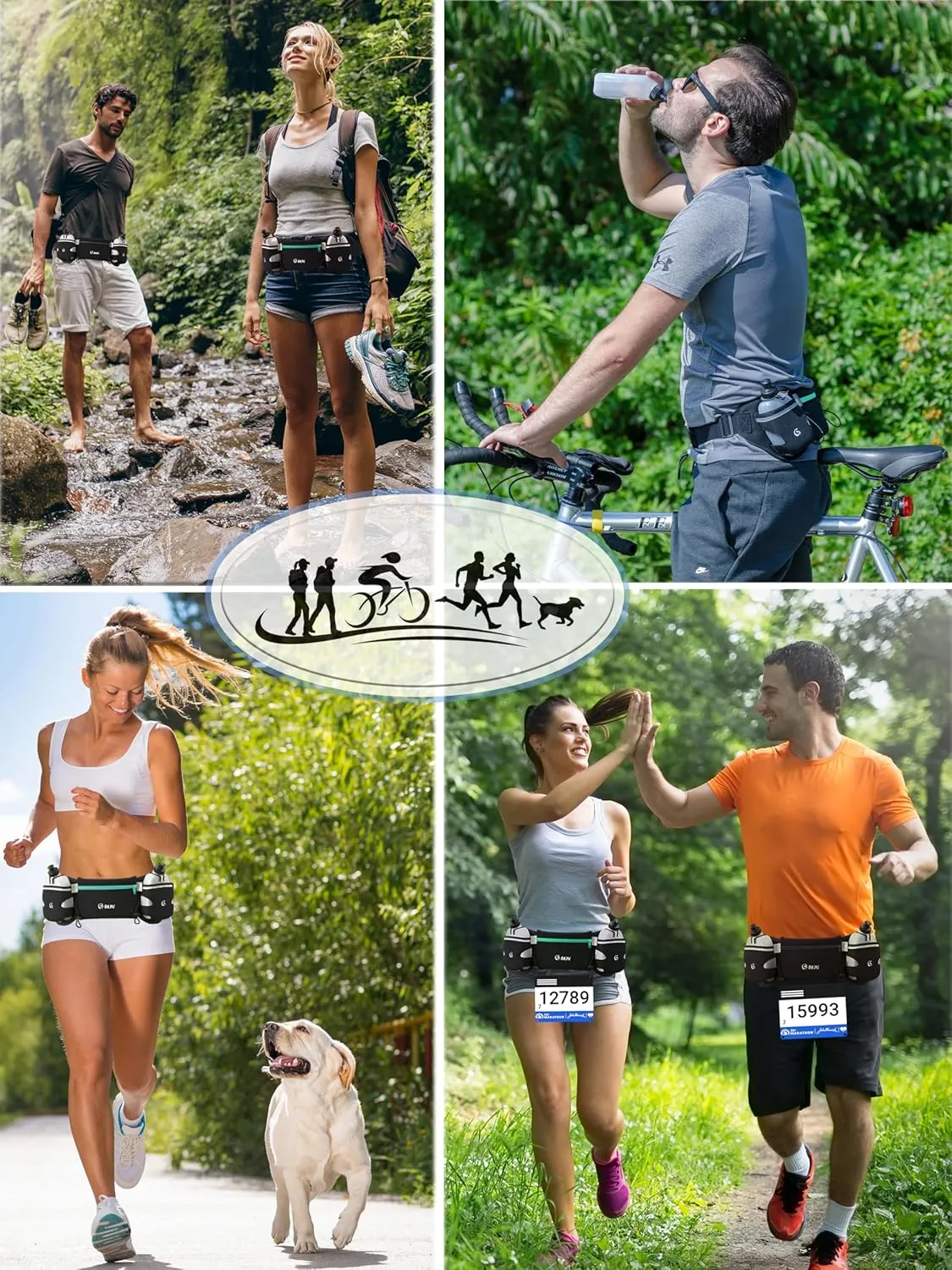 Hydration Running Belt with 2x10oz Bottles - Water Belts for Woman and Men - iPhone Belt for Any Phone Size - Fuel Marathon Waist Pouch for Runners - Jogging Cycling Biking