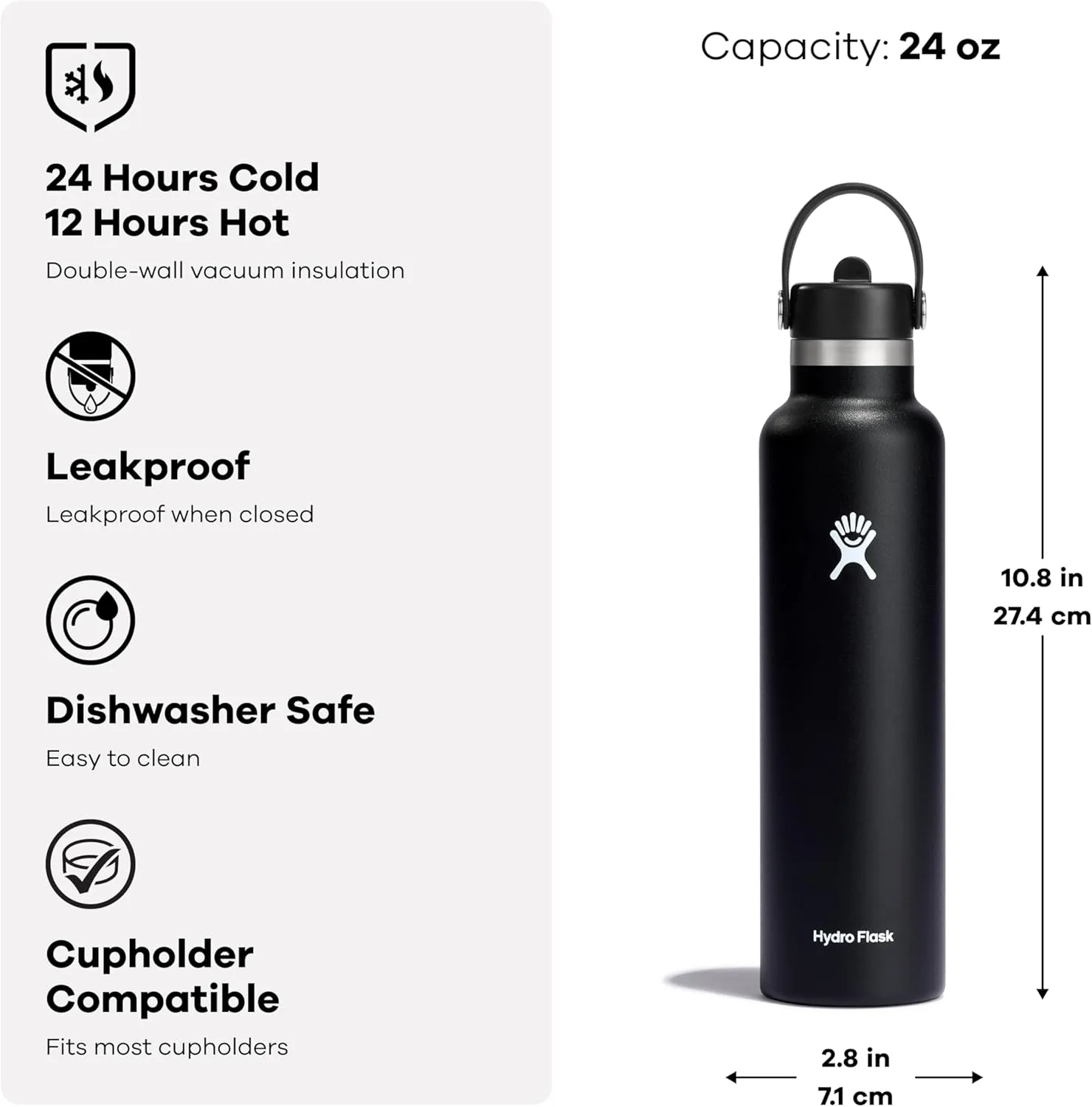 Hydro Flask 24 Oz Stainless Steel Standard Mouth Water Bottle with Flex Straw Cap and Double-Wall Vacuum Insulation