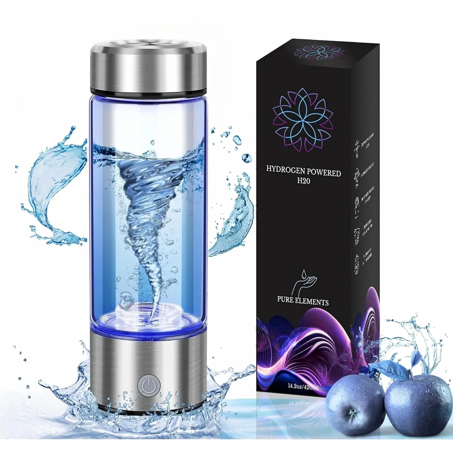 Hydrogen Powered Water Bottle, 2025 Upgraded Model, SPE PEM Technology with up to 2000ppb in 3 Minutes, 420ml, Portable Water Ionizer Machine, Rechargeable Battery, Silver