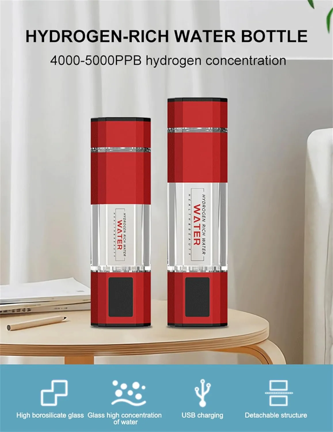 Hydrogen Water Bottle 5000ppb Portable Hydrogenated Water Generator 2024 New Hydrogen Water Generator Bottles Rechargeable Ionizer Machine for Home Office Travel