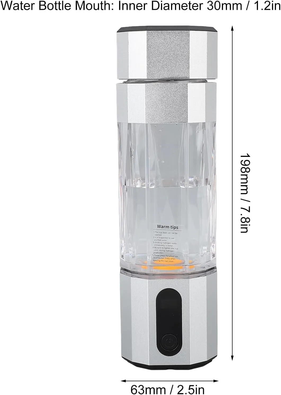 Hydrogen Water Bottle Electrode 2 Gears 2 Concentrations 7 Colors Changing Lights, Detachable Base Fast Charging for Travel (Silver)