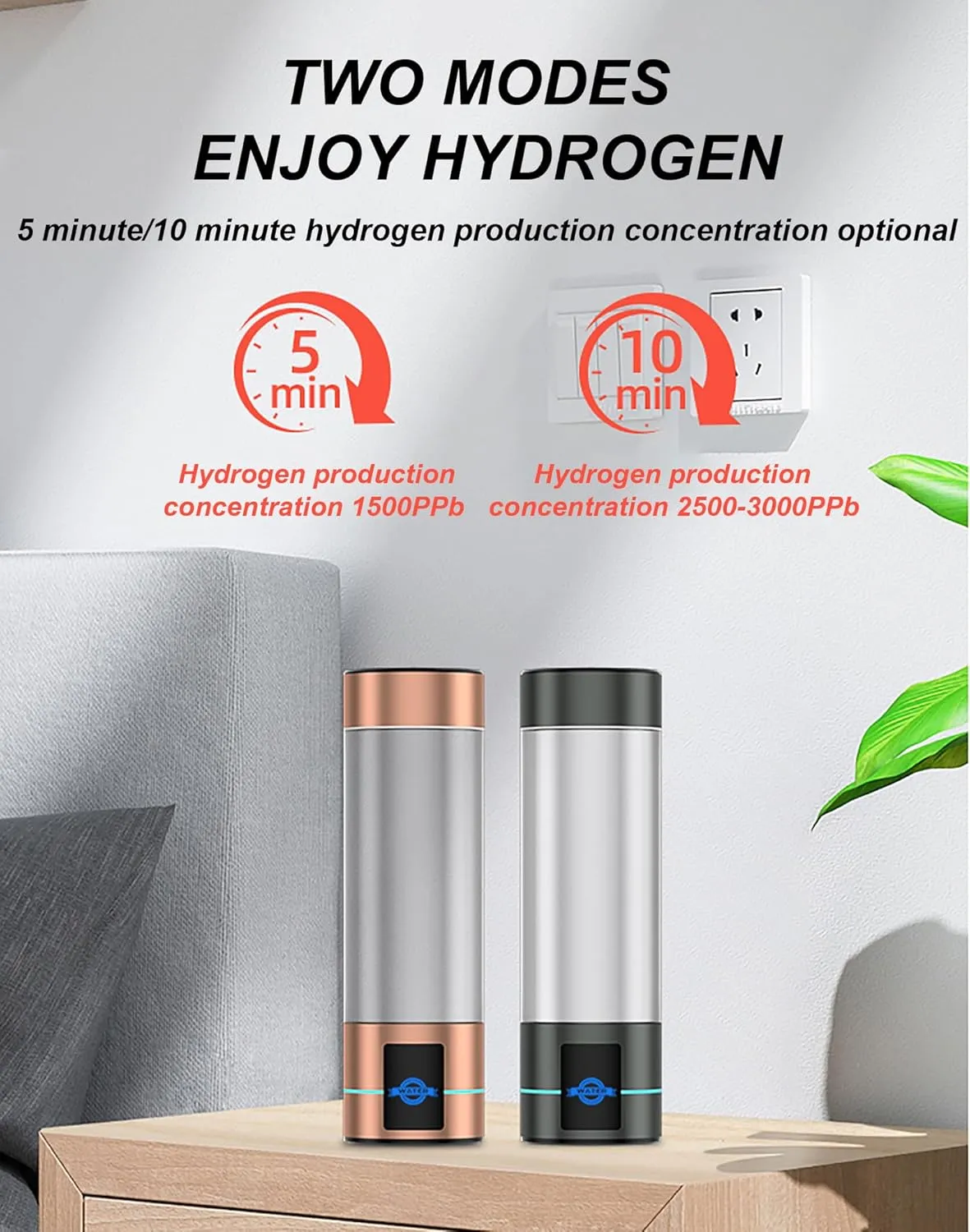 Hydrogen Water Bottle Generator, Hydrogen Rich Water Cup, Hydrogen Content Up to 2500-3000PPB, Hydrogen Water Ionizer Machine with SPE/PEM Technology