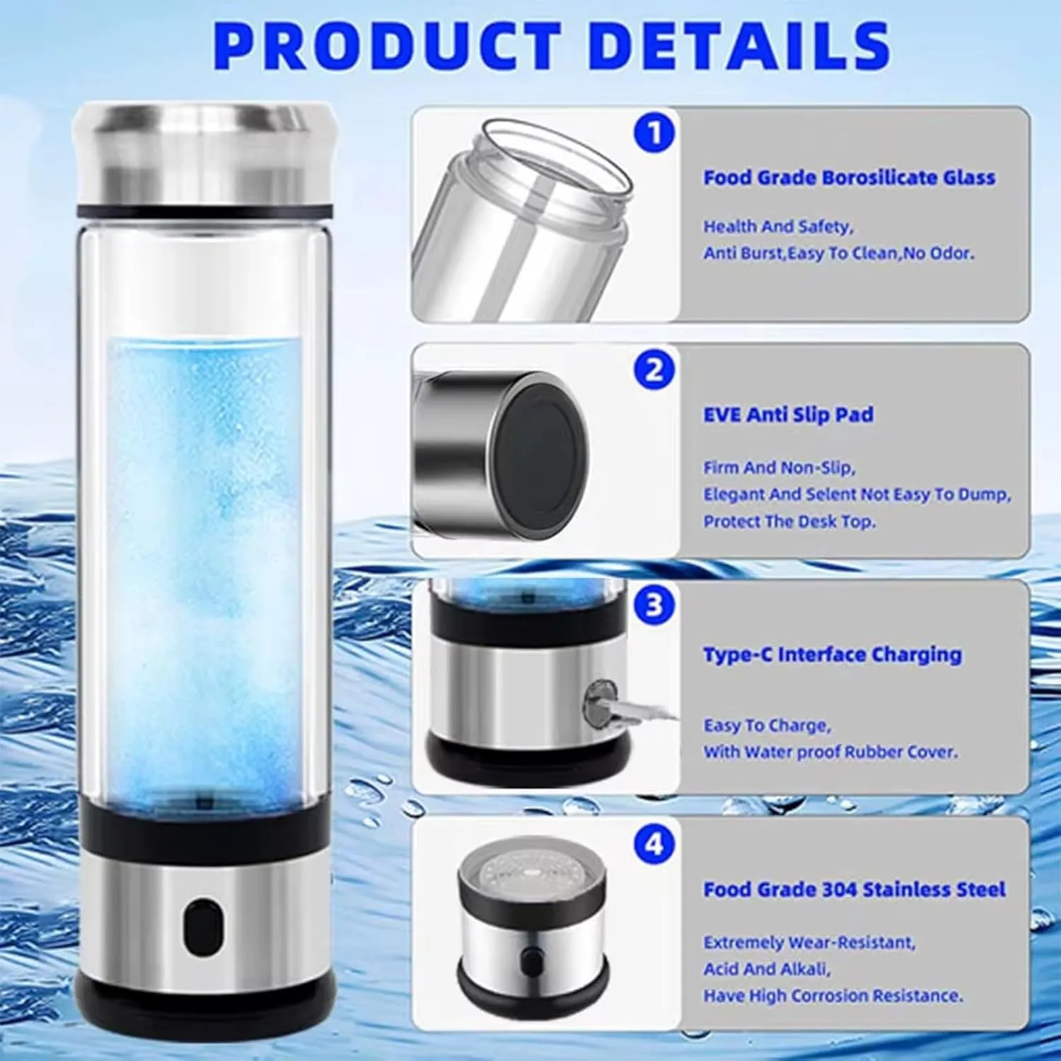 Hydrogen Water Bottle, Hydrogen Water Generator, Portable Hydrogen Water Bottle Machine, Travel, Fitness & Everyday Hydration(1200PB)