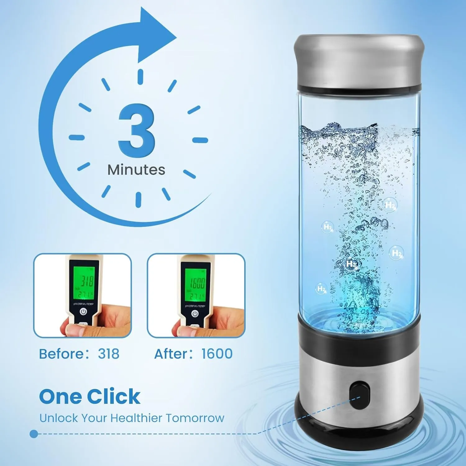 Hydrogen Water Bottle, Hydrogen Water Generator, Portable Hydrogen Water Bottle Machine, Travel, Fitness & Everyday Hydration(1200PB)