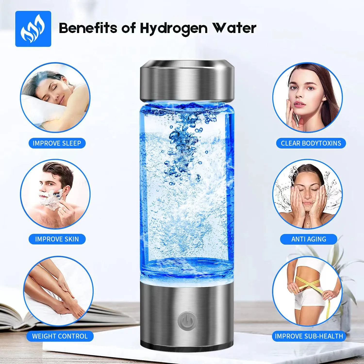Hydrogen Water Bottle, Portable Hydrogen Water Ionizer Machine, Hydrogen Water Generator, Rechargeable Hydrogen Rich Water Glass Health Cup for Home Travel (Silver)