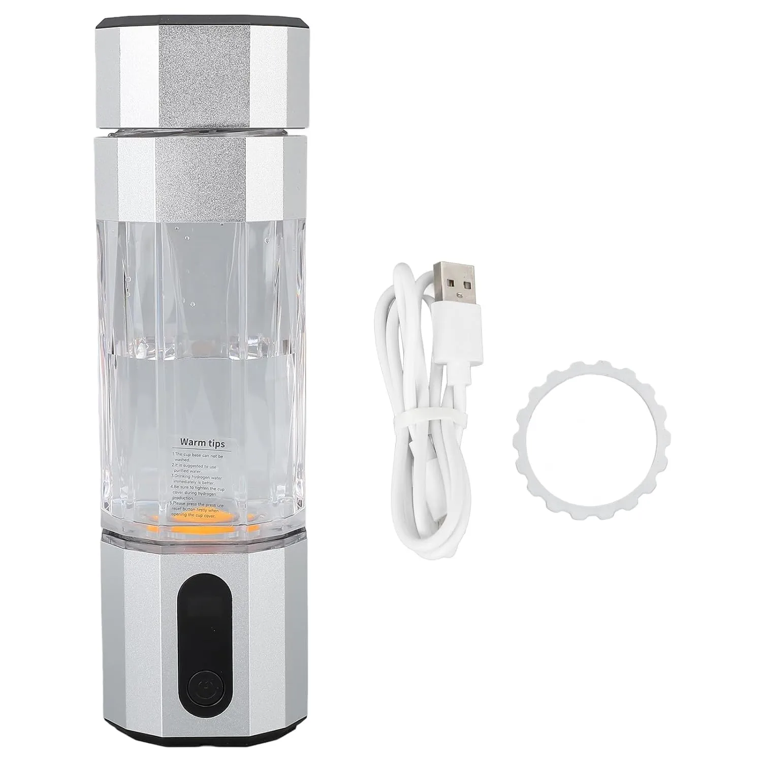 Hydrogen Water Bottle Rechargeable 8000ppb Ionizer Machine 7 Colors Light PC Material 360 Degree Anti Leakage Proton Film Portable Cup (Silver Color)
