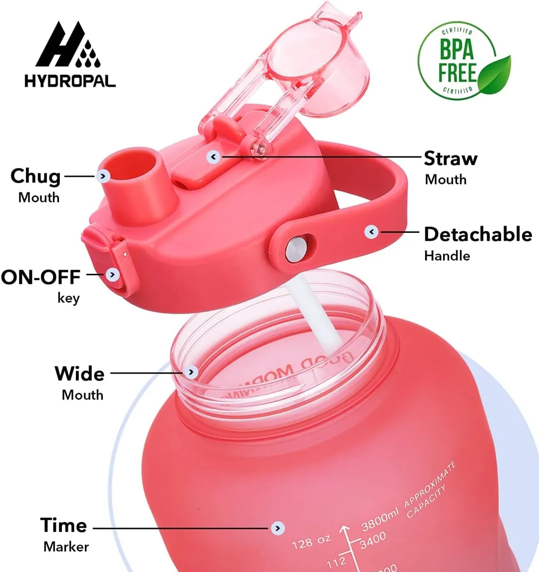 HydroPal 1 Gallon Water Bottles with Straw, 128 oz / 3.8L Water Bottle BPA Free Innovative 2-IN-1 Lid Gym Bottle with Times to Drink Motivational, Large for Sports Fitness Camping Water Jug One Gallon