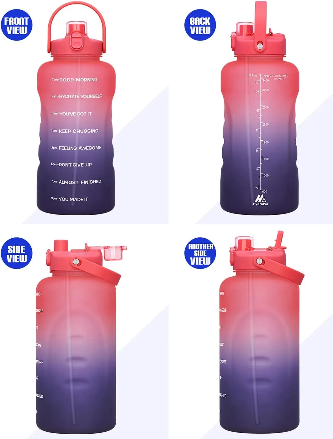 HydroPal 1 Gallon Water Bottles with Straw, 128 oz / 3.8L Water Bottle BPA Free Innovative 2-IN-1 Lid Gym Bottle with Times to Drink Motivational, Large for Sports Fitness Camping Water Jug One Gallon