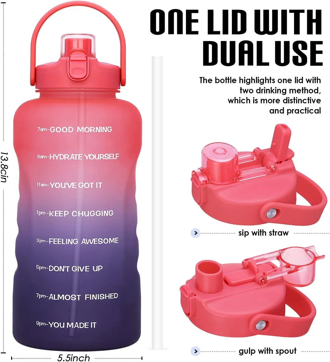 HydroPal 1 Gallon Water Bottles with Straw, 128 oz / 3.8L Water Bottle BPA Free Innovative 2-IN-1 Lid Gym Bottle with Times to Drink Motivational, Large for Sports Fitness Camping Water Jug One Gallon