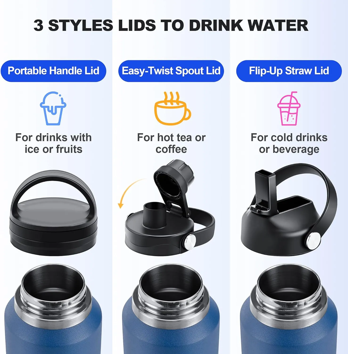 HYDROWION 40 oz Insulated Water Bottle with Straw fit in Car Cup Holder(Cold 48 hrs, Hot 24 hrs) Drinking Bottle with Straw Lid, Spout Lid and Flex Cap Leakproof Travel Thermo Mug，Black