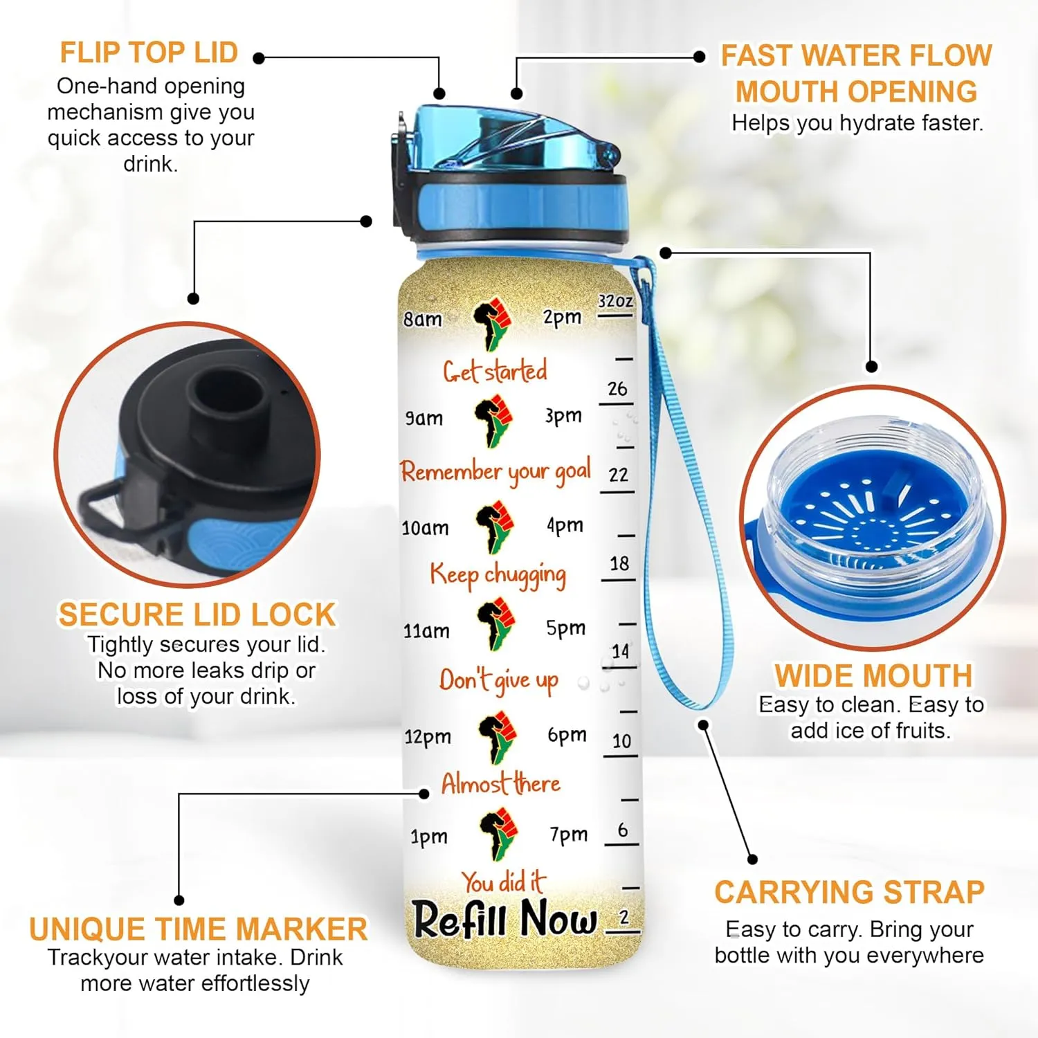 HYTURTLE Peace Love Free-Ish Eye Black Queen 32Oz Liter Motivational Water Bottle, Tracking Water With Time Marker, Africa American Gifts For Black Women Friend Family On Birthday Mother's Day