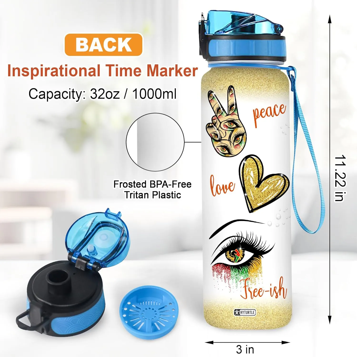 HYTURTLE Peace Love Free-Ish Eye Black Queen 32Oz Liter Motivational Water Bottle, Tracking Water With Time Marker, Africa American Gifts For Black Women Friend Family On Birthday Mother's Day