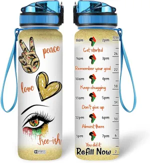 HYTURTLE Peace Love Free-Ish Eye Black Queen 32Oz Liter Motivational Water Bottle, Tracking Water With Time Marker, Africa American Gifts For Black Women Friend Family On Birthday Mother's Day