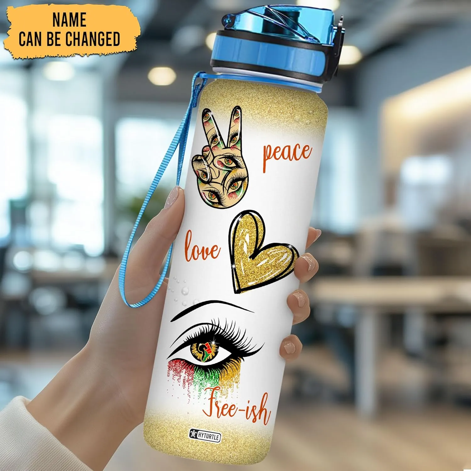 HYTURTLE Peace Love Free-Ish Eye Black Queen 32Oz Liter Motivational Water Bottle, Tracking Water With Time Marker, Africa American Gifts For Black Women Friend Family On Birthday Mother's Day