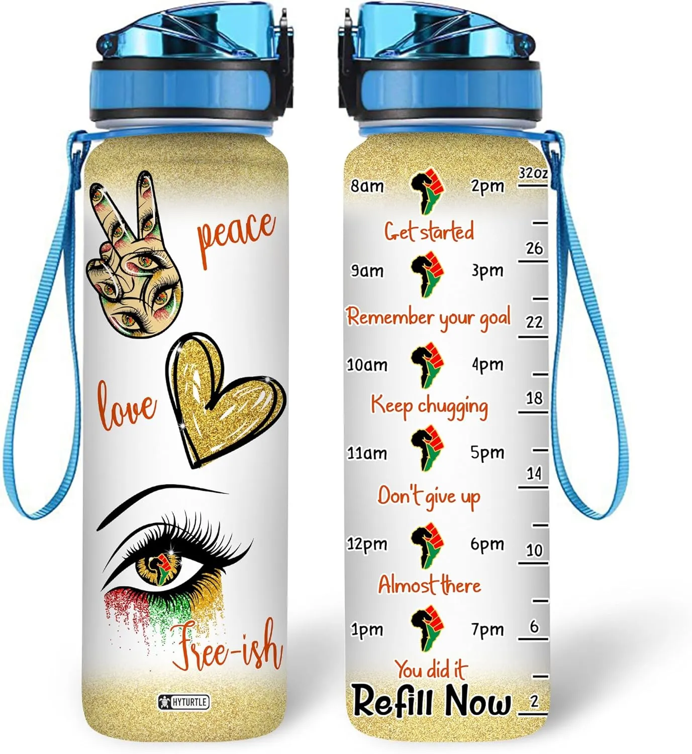 HYTURTLE Peace Love Free-Ish Eye Black Queen 32Oz Liter Motivational Water Bottle, Tracking Water With Time Marker, Africa American Gifts For Black Women Friend Family On Birthday Mother's Day