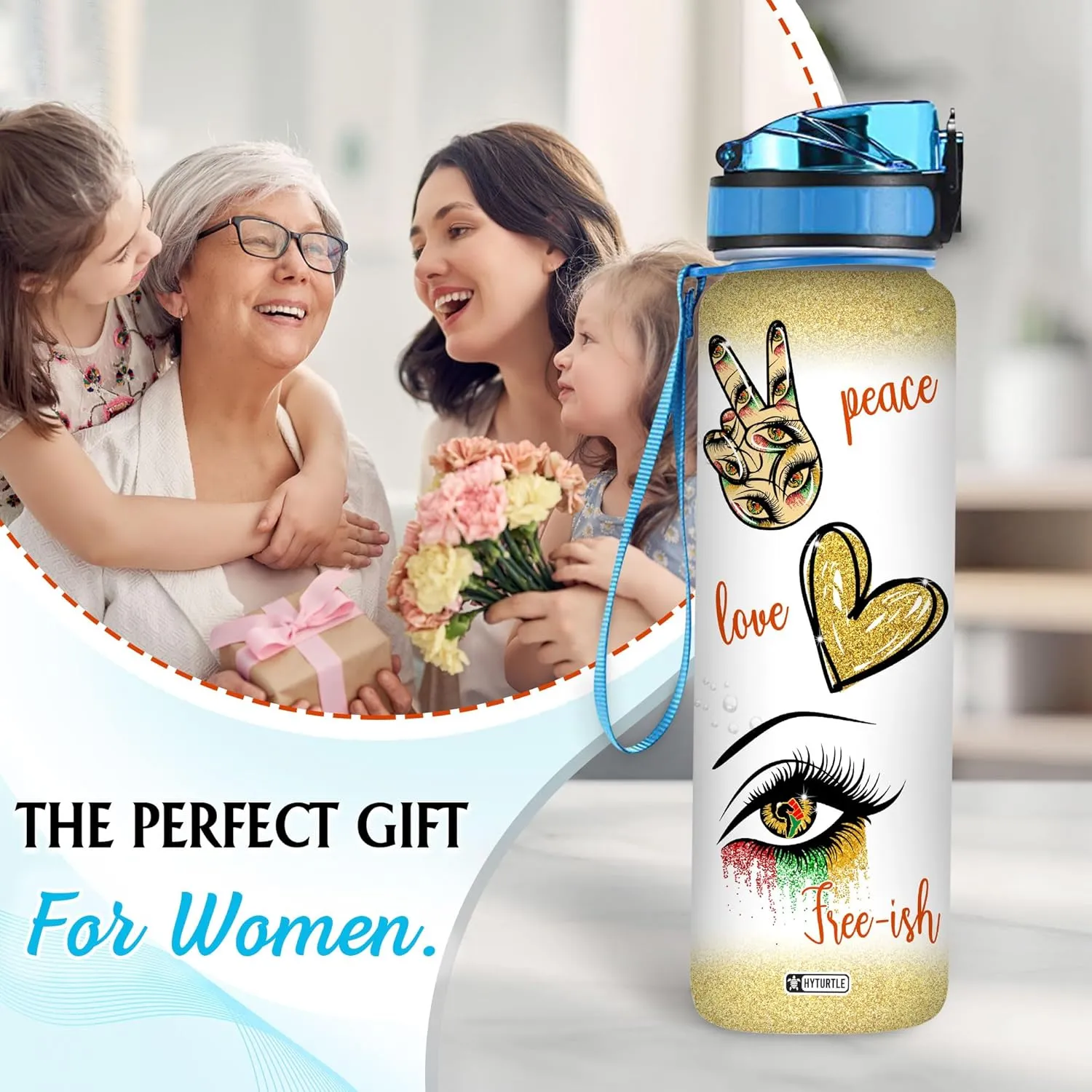 HYTURTLE Peace Love Free-Ish Eye Black Queen 32Oz Liter Motivational Water Bottle, Tracking Water With Time Marker, Africa American Gifts For Black Women Friend Family On Birthday Mother's Day