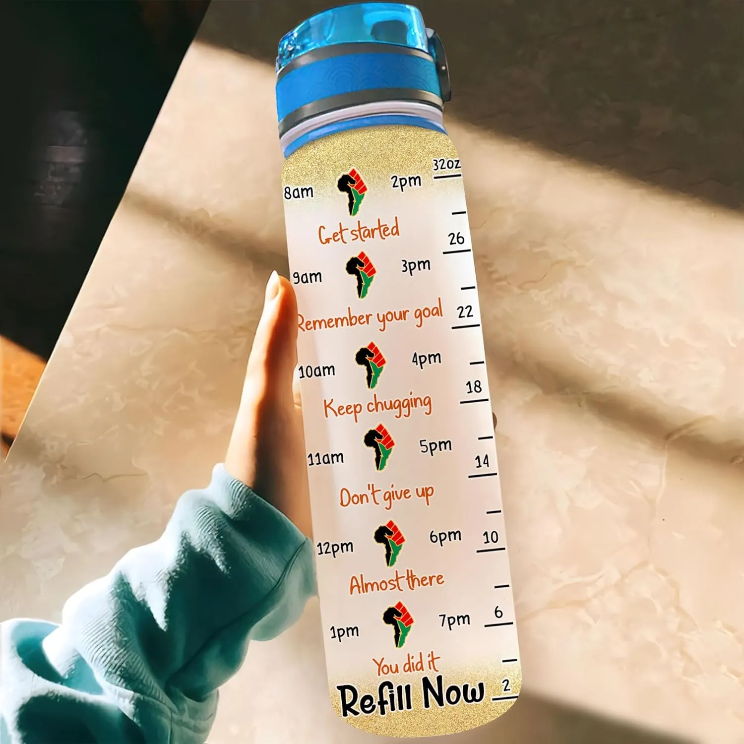 HYTURTLE Peace Love Free-Ish Eye Black Queen 32Oz Liter Motivational Water Bottle, Tracking Water With Time Marker, Africa American Gifts For Black Women Friend Family On Birthday Mother's Day