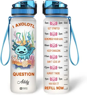 Hyturtle Personalized Axolotl Water Bottle - 32oz Motivational Water Bottle with Leak-Proof Lid & Time Marker - Custom Name Gift for Women Axolotl Lovers Girls Boys - Birthday & Christmas Gift