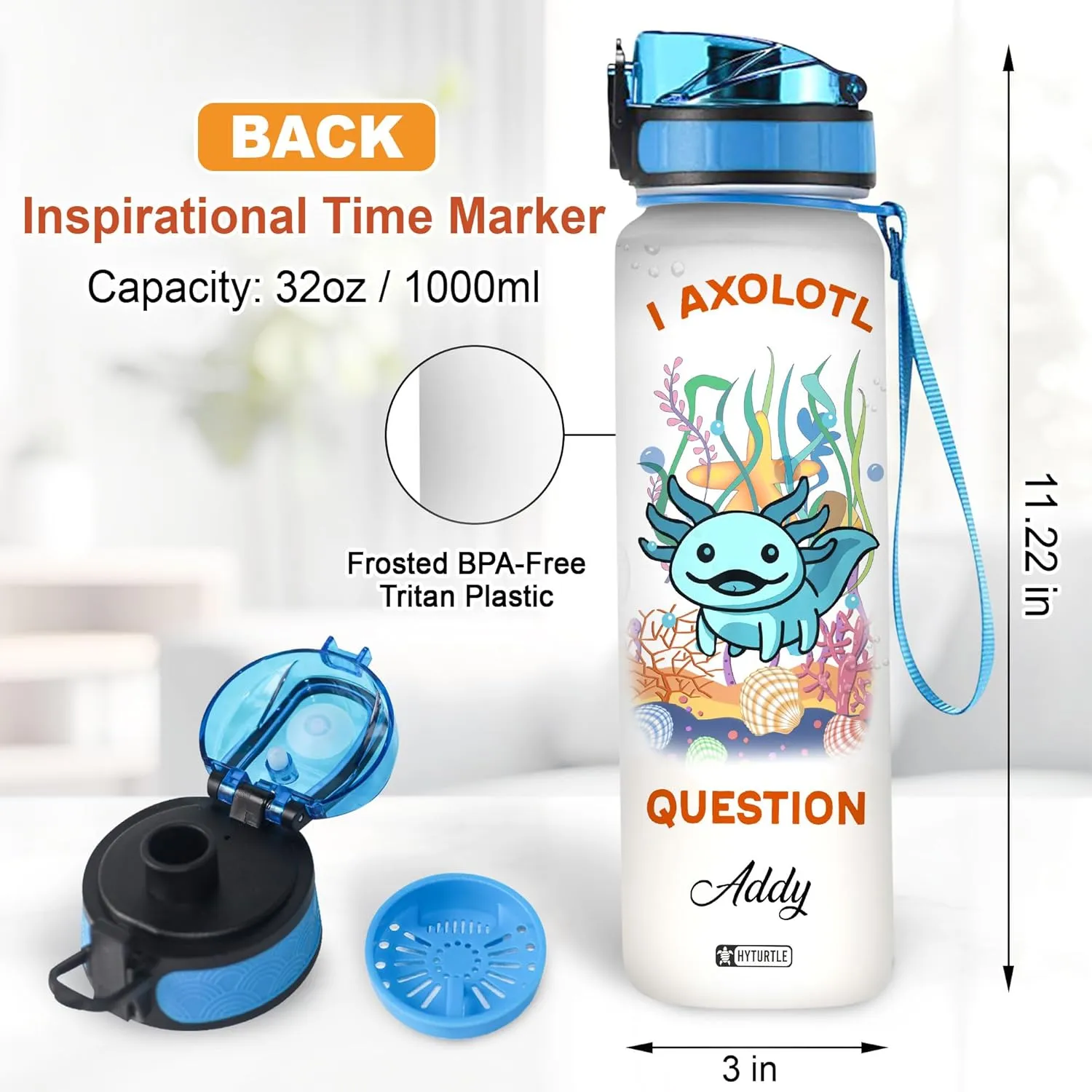 Hyturtle Personalized Axolotl Water Bottle - 32oz Motivational Water Bottle with Leak-Proof Lid & Time Marker - Custom Name Gift for Women Axolotl Lovers Girls Boys - Birthday & Christmas Gift