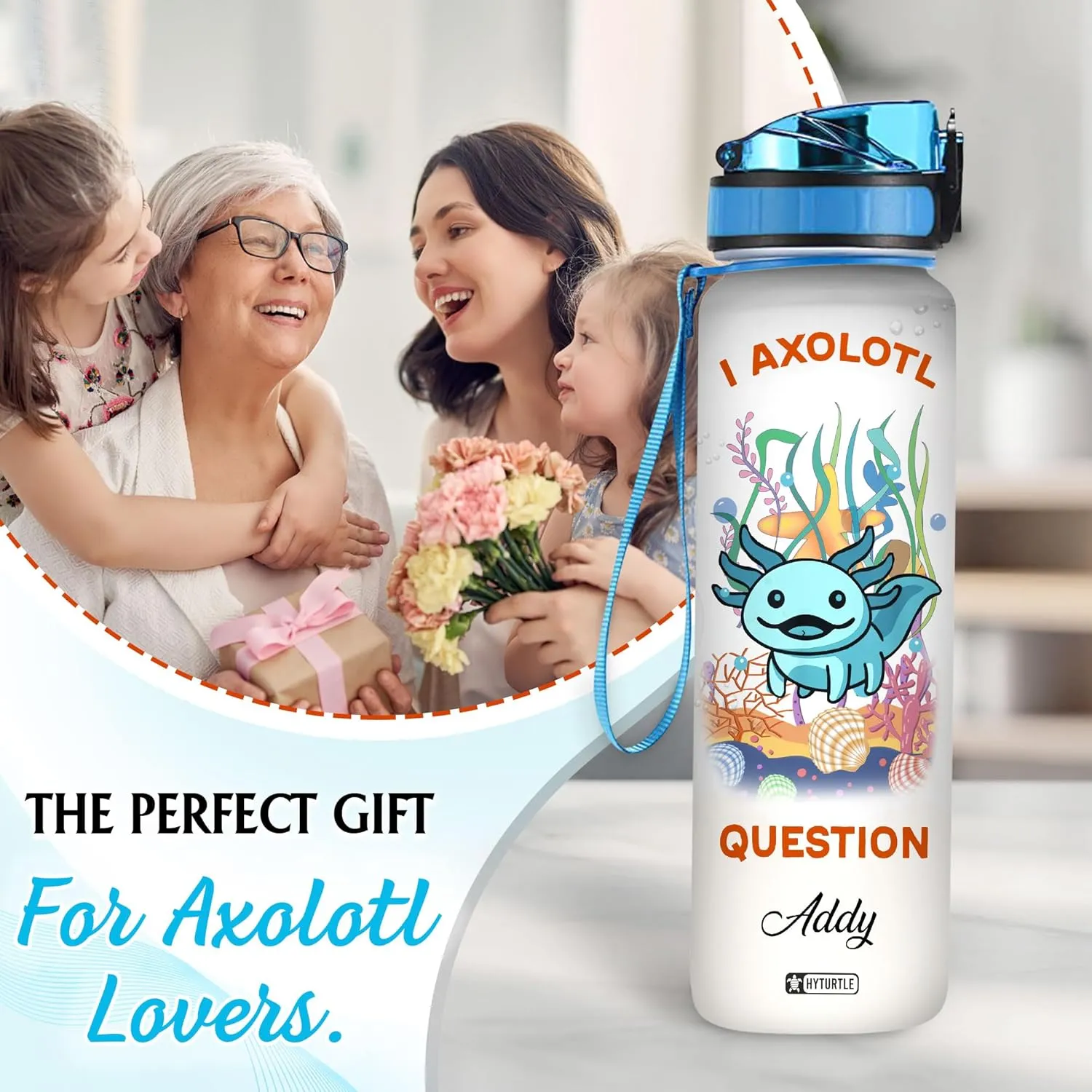 Hyturtle Personalized Axolotl Water Bottle - 32oz Motivational Water Bottle with Leak-Proof Lid & Time Marker - Custom Name Gift for Women Axolotl Lovers Girls Boys - Birthday & Christmas Gift