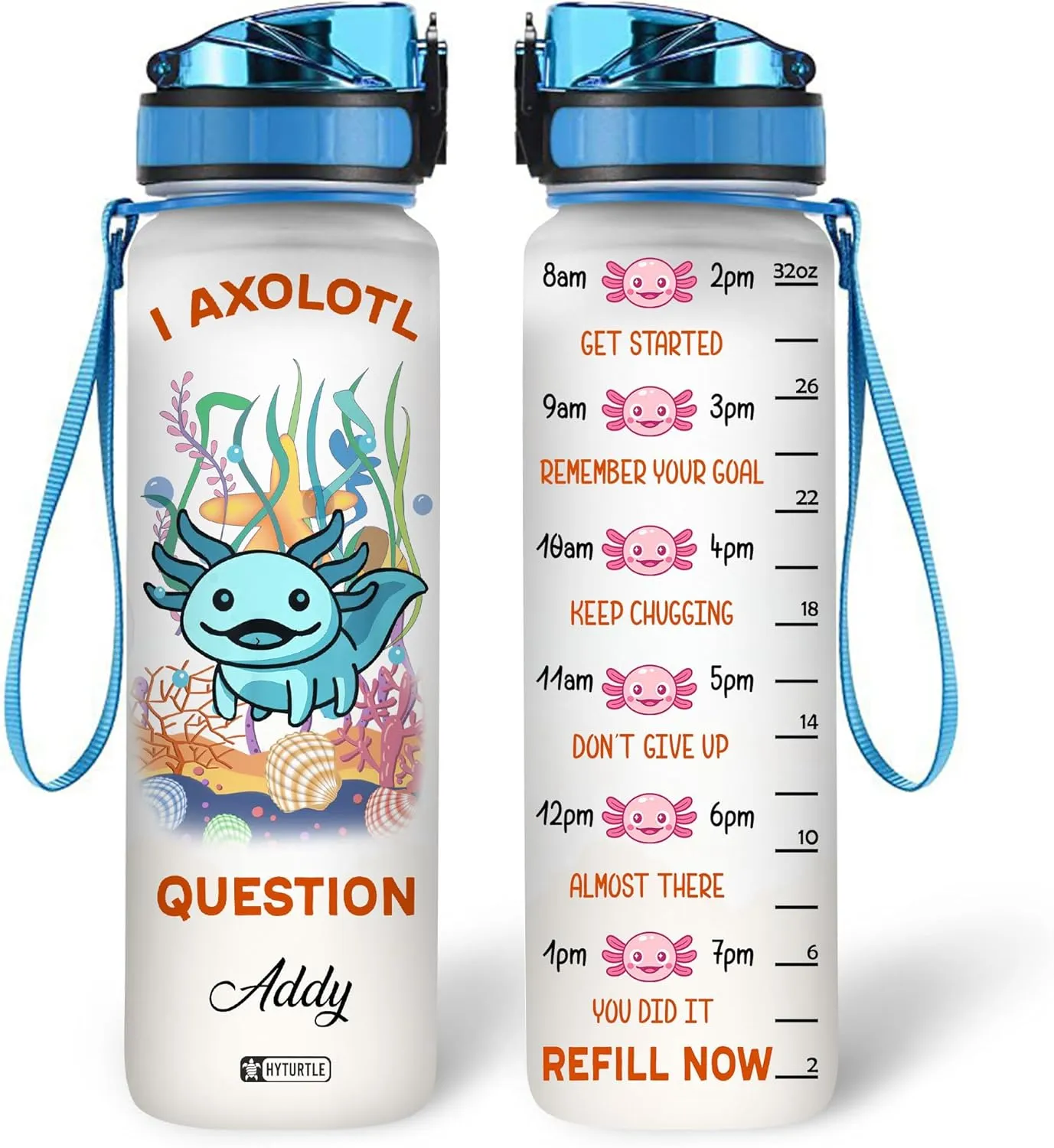 Hyturtle Personalized Axolotl Water Bottle - 32oz Motivational Water Bottle with Leak-Proof Lid & Time Marker - Custom Name Gift for Women Axolotl Lovers Girls Boys - Birthday & Christmas Gift