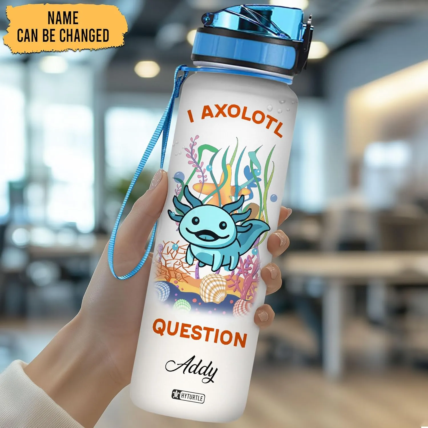 Hyturtle Personalized Axolotl Water Bottle - 32oz Motivational Water Bottle with Leak-Proof Lid & Time Marker - Custom Name Gift for Women Axolotl Lovers Girls Boys - Birthday & Christmas Gift