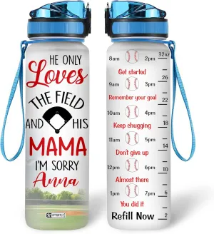 Hyturtle Personalized Baseball 32 Oz Motivational Water Bottle, He Only Loves The Field And His Mama Custom Name Water Bottle Gifts For Women Men Boys Sport Lovers On Birthday Mother's Day