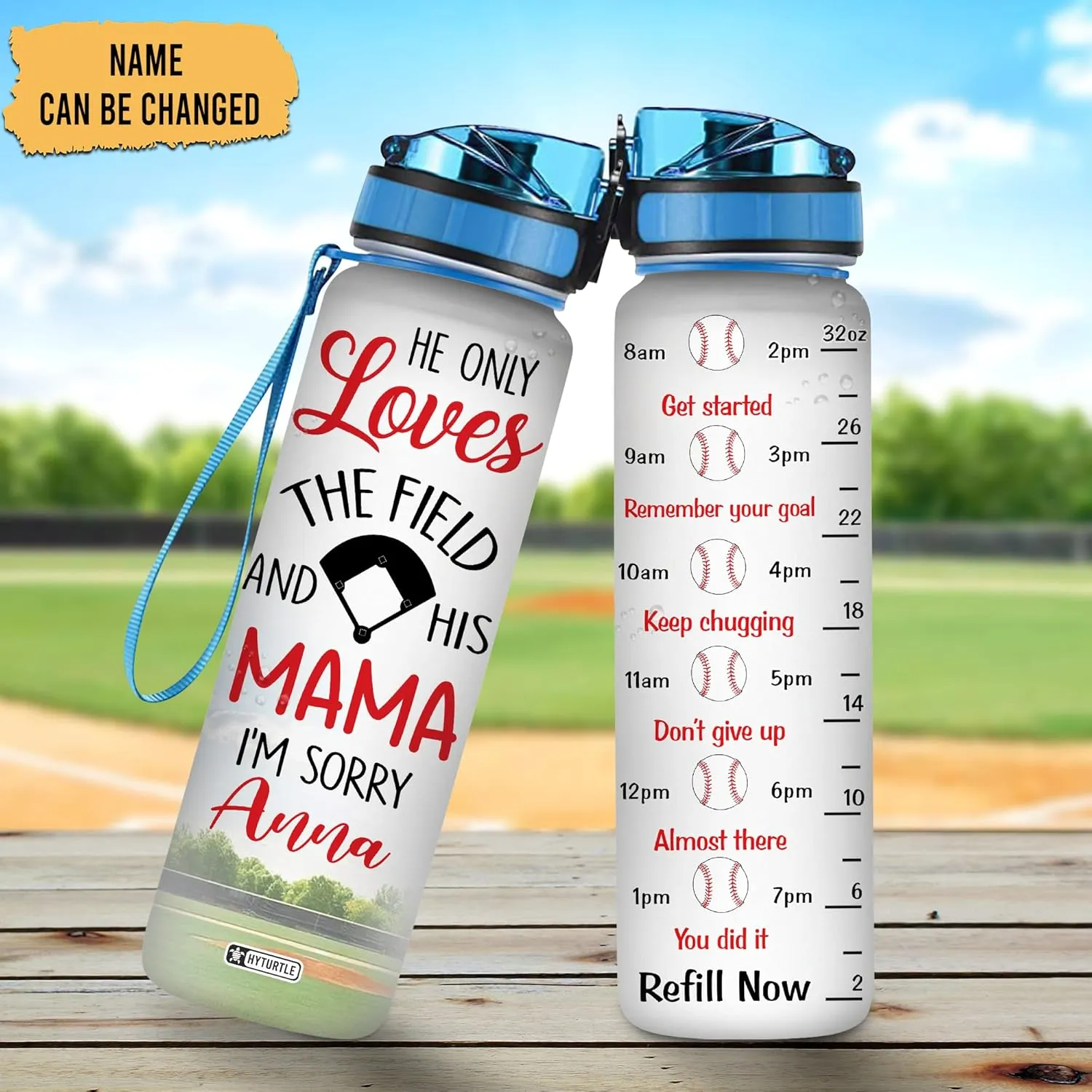 Hyturtle Personalized Baseball 32 Oz Motivational Water Bottle, He Only Loves The Field And His Mama Custom Name Water Bottle Gifts For Women Men Boys Sport Lovers On Birthday Mother's Day