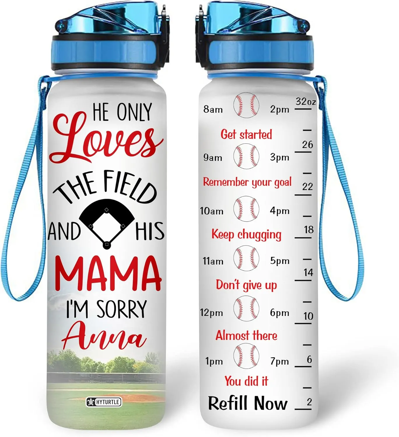Hyturtle Personalized Baseball 32 Oz Motivational Water Bottle, He Only Loves The Field And His Mama Custom Name Water Bottle Gifts For Women Men Boys Sport Lovers On Birthday Mother's Day