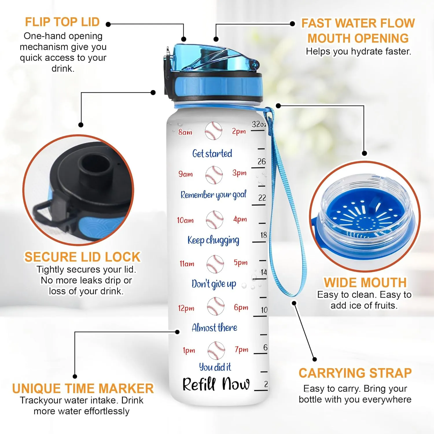 Hyturtle Personalized Baseball 32oz Liter Motivational Water Bottle, Customized Name Tracking Water Bottle Gifts For Dad, Son, Baseball Lovers, Sport Lovers On Birthday, Mother's Day