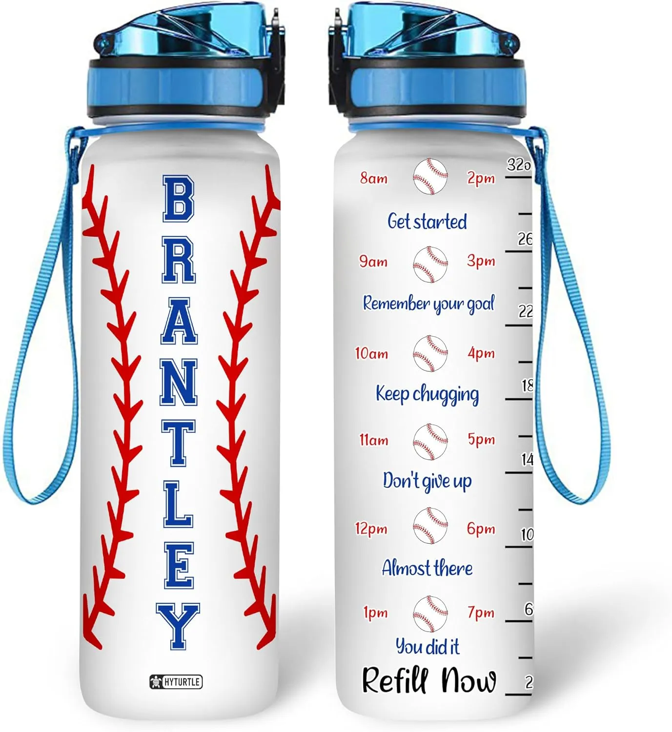 Hyturtle Personalized Baseball 32oz Liter Motivational Water Bottle, Customized Name Tracking Water Bottle Gifts For Dad, Son, Baseball Lovers, Sport Lovers On Birthday, Mother's Day