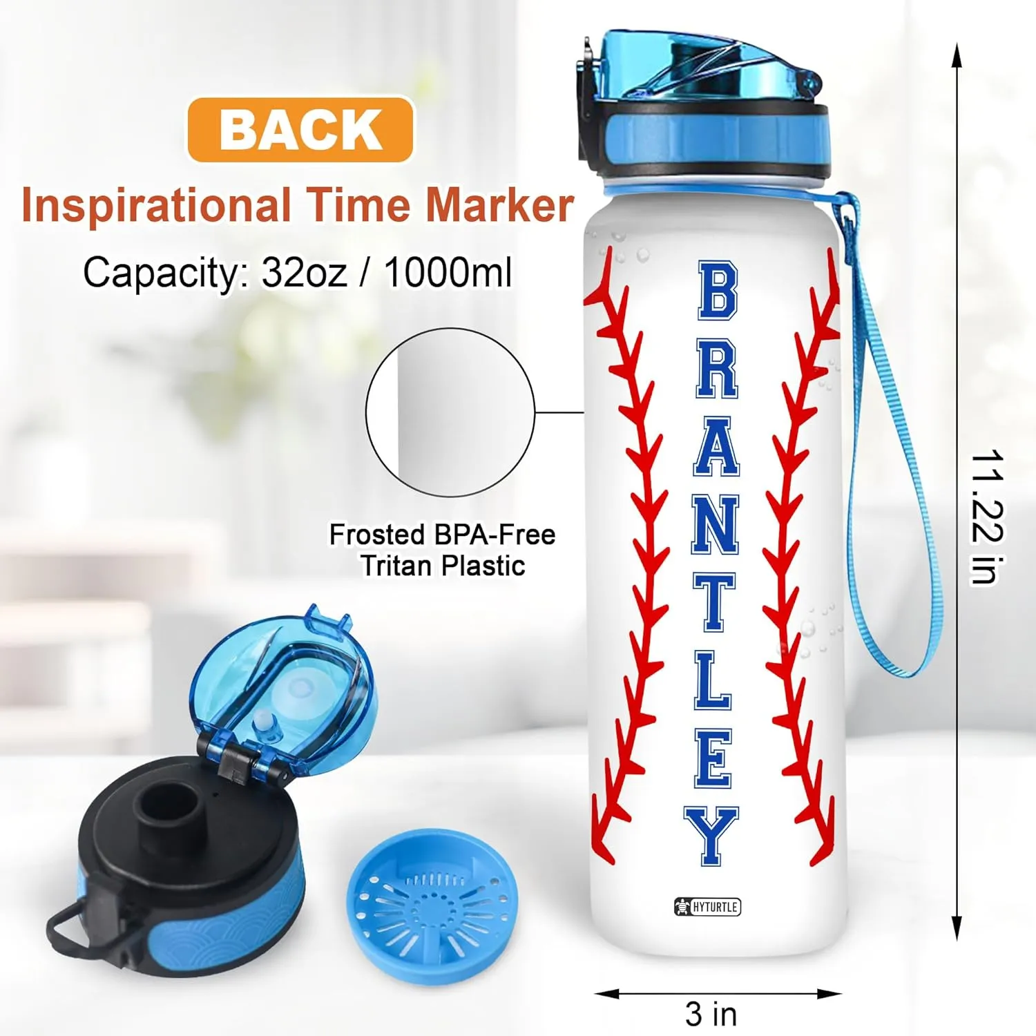 Hyturtle Personalized Baseball 32oz Liter Motivational Water Bottle, Customized Name Tracking Water Bottle Gifts For Dad, Son, Baseball Lovers, Sport Lovers On Birthday, Mother's Day