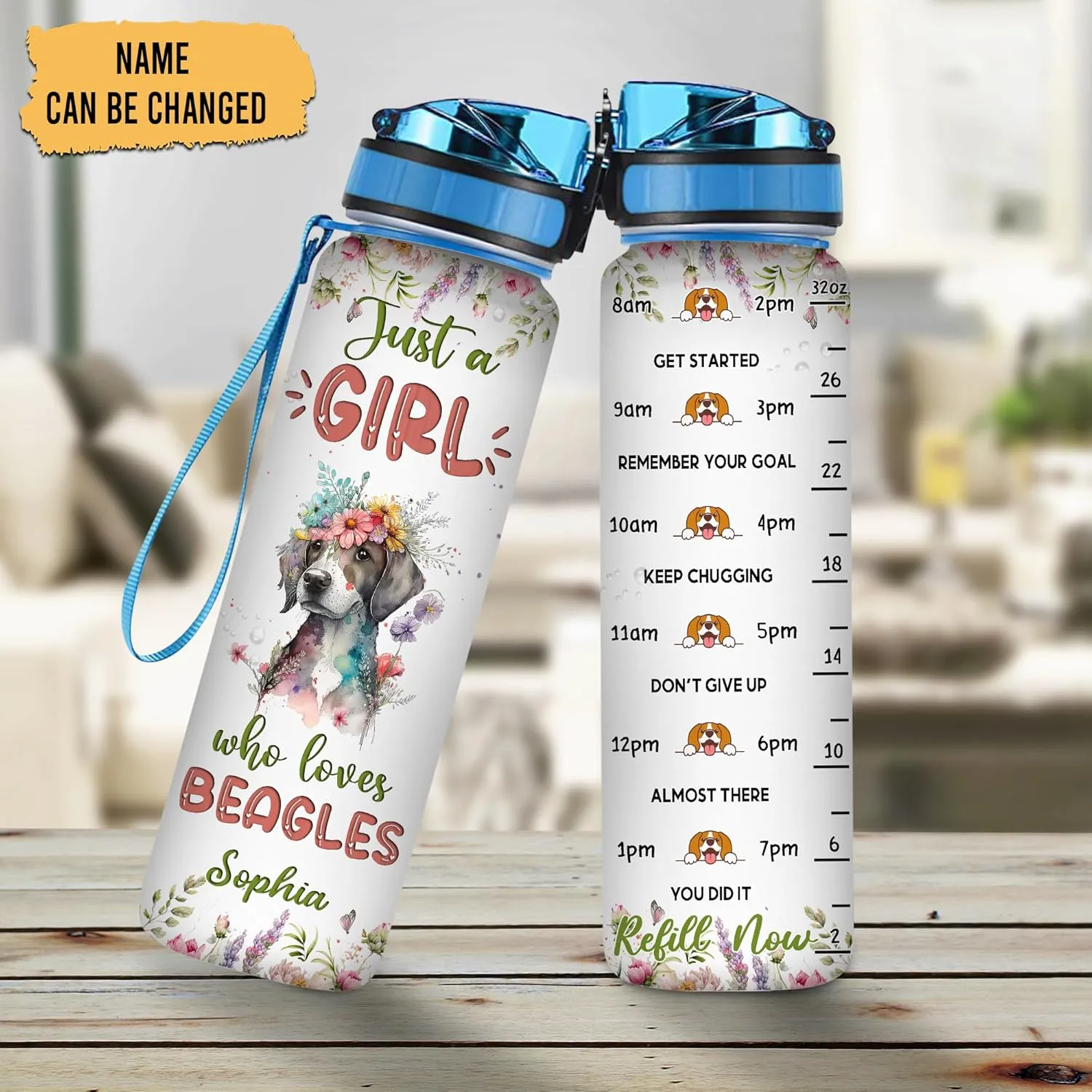 Hyturtle Personalized Beagle Dog Lovers 32 Oz 1Liter Motivational Water Bottle With Time Marker, Just A Girl Who Loves Dogs, Animal Lovers Gifts For Women, Girl On Birthday, Christmas