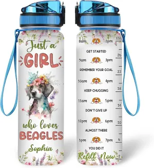 Hyturtle Personalized Beagle Dog Lovers 32 Oz 1Liter Motivational Water Bottle With Time Marker, Just A Girl Who Loves Dogs, Animal Lovers Gifts For Women, Girl On Birthday, Christmas